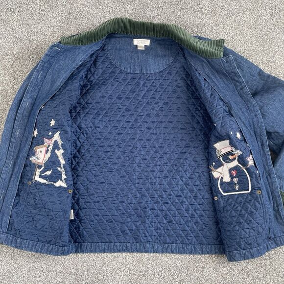 Christopher & Banks Christmas Denim Jacket Snowman Embroidered Size Large - Picture 3 of 13